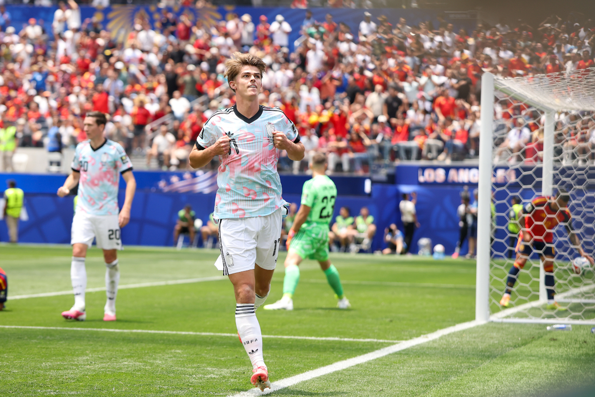 INGLEWOOD, CALIFORNIA – JULY 10: Charles De Ketelaere #17 of Belgium celebrates scoring his team’s first goal during the